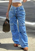 Women American Style Multi-Pocket Cargo Denim Pants Women American Style Multi-Pocket Cargo Denim Pants