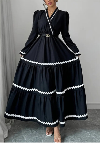 Women Autumn/Winter V-Neck Color-Blocked Pleated Long-Sleeved Dress