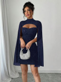 Women Sexy Shiny Half-High Neck Cape Sleeve Ribbed Bodycon Dress