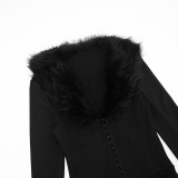 Women V-Neck Fur Collar Patchwork Solid Long-Sleeve Jumpsuit