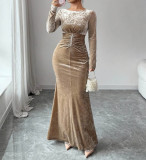 Women Sexy Pleated Velvet Long-Sleeved Maxi Dress