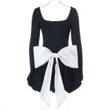 Women Sexy Square Neck Bow Color Block Floral Dress