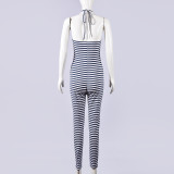Women Tie-Neck Sleeveless Sexy Hollow-Out Striped Jumpsuit