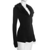 Women V-Neck Fur Collar Patchwork Solid Long-Sleeve Jumpsuit