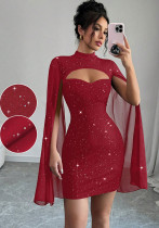 Women Sexy Shiny Half-High Neck Cape Sleeve Ribbed Bodycon Dress