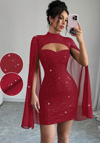 Women Sexy Shiny Half-High Neck Cape Sleeve Ribbed Bodycon Dress