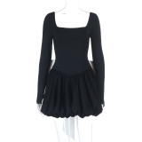 Women Sexy Square Neck Bow Color Block Floral Dress