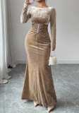 Women Sexy Pleated Velvet Long-Sleeved Maxi Dress