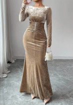 Women Sexy Pleated Velvet Long-Sleeved Maxi Dress