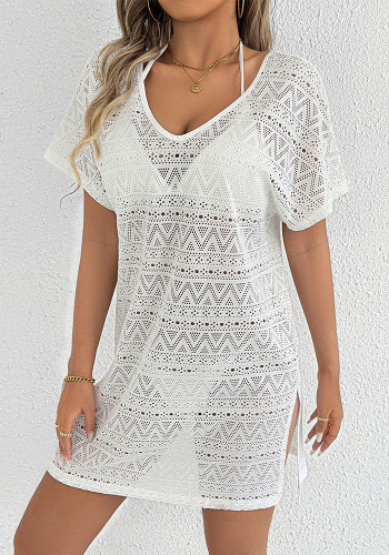 Women Holidays Beach Cover-Up Sexy V-Neck Backless Slit Lace Dress