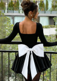 Women Sexy Square Neck Bow Color Block Floral Dress
