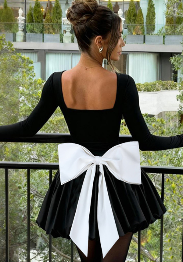 Women Sexy Square Neck Bow Color Block Floral Dress