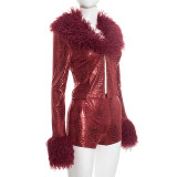Women Autumn/Winter Shiny Furry Long-Sleeve Top and Shorts Two-Piece Set