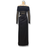 Women spring summer off-shoulder long-sleeved see-through mesh patchwork bodycon dress