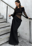 Women spring summer off-shoulder long-sleeved see-through mesh patchwork bodycon dress