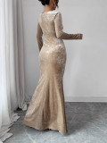 Women Sexy Pleated Velvet Long-Sleeved Maxi Dress