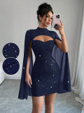 Women Sexy Shiny Half-High Neck Cape Sleeve Ribbed Bodycon Dress