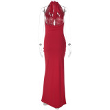 Women Winter Sexy V-Neck Solid Halter Neck Backless Dress
