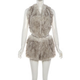 Women Winter Sexy Backless Tie-Waist Plush Top and Shorts Two-Piece Set
