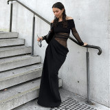 Women spring summer off-shoulder long-sleeved see-through mesh patchwork bodycon dress