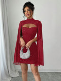 Women Sexy Shiny Half-High Neck Cape Sleeve Ribbed Bodycon Dress