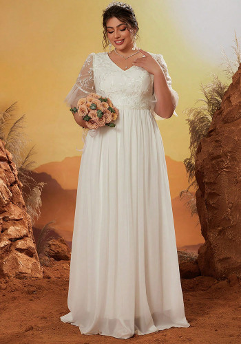 Plus Size Women White Lace V-Neck Wedding Evening Dress