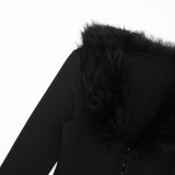 Women V-Neck Fur Collar Patchwork Solid Long-Sleeve Jumpsuit