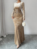 Women Sexy Pleated Velvet Long-Sleeved Maxi Dress