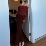 Women spring summer off-shoulder long-sleeved see-through mesh patchwork bodycon dress