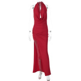 Women Winter Sexy V-Neck Solid Halter Neck Backless Dress