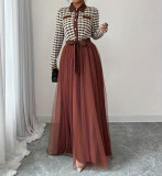 Women Tie-Waist Color-Blocked Mesh Patchwork Dress