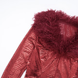Women Autumn/Winter Shiny Furry Long-Sleeve Top and Shorts Two-Piece Set