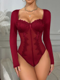 Women sexy lace patchwork black boning see-through long-sleeved bodysuit Sexy Lingerie