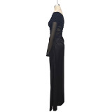 Women spring summer off-shoulder long-sleeved see-through mesh patchwork bodycon dress