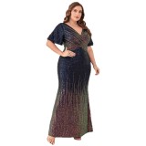 Women's Plus Size V-neck Formal Party Long Sequin Evening Dress