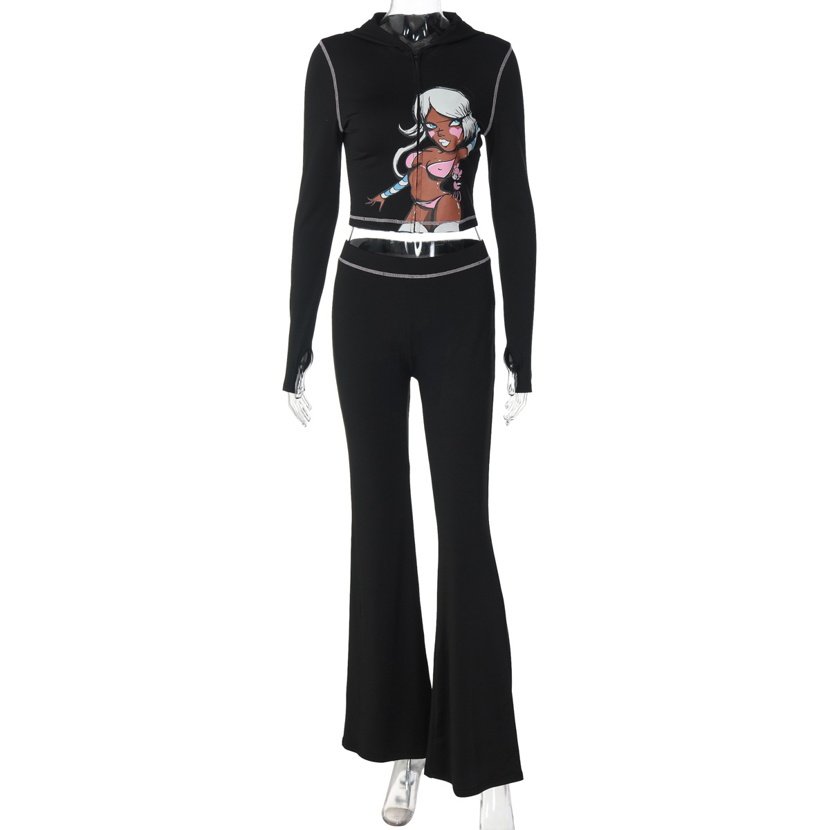 Women's Fashion Cartoon Printed Casual Sporty Hooded Long-sleeve Pants Set