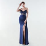 Women's Beaded Slim Waist Strap Lace-up Slim Fit Evening Dress