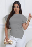 Women's Solid Color Round Neck Peplum Sleeves Asymmetrical Hem Blouse
