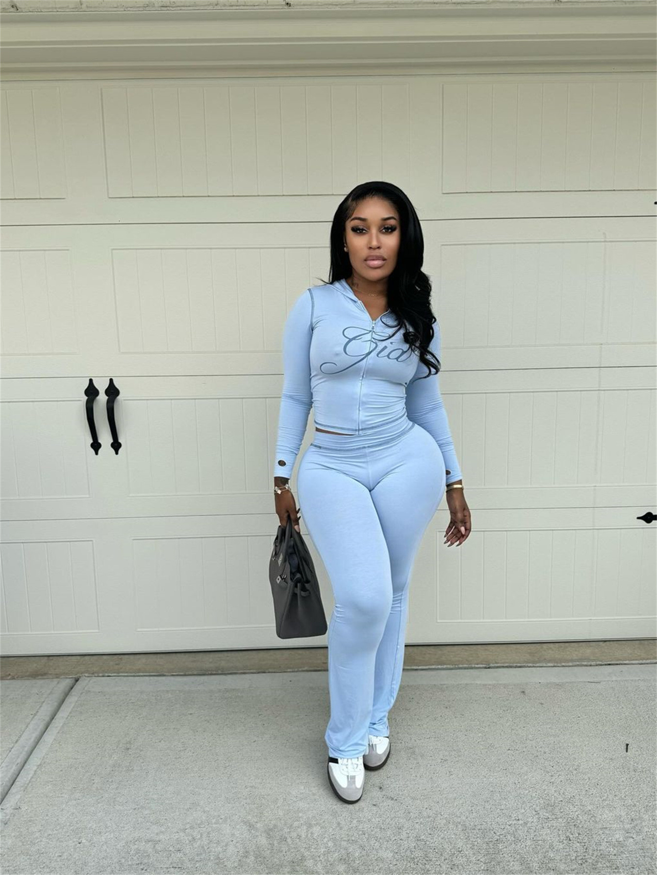 Women's Fashion Solid Color Sexy Zipper V-neck Long-sleeve Two-piece Pants Set