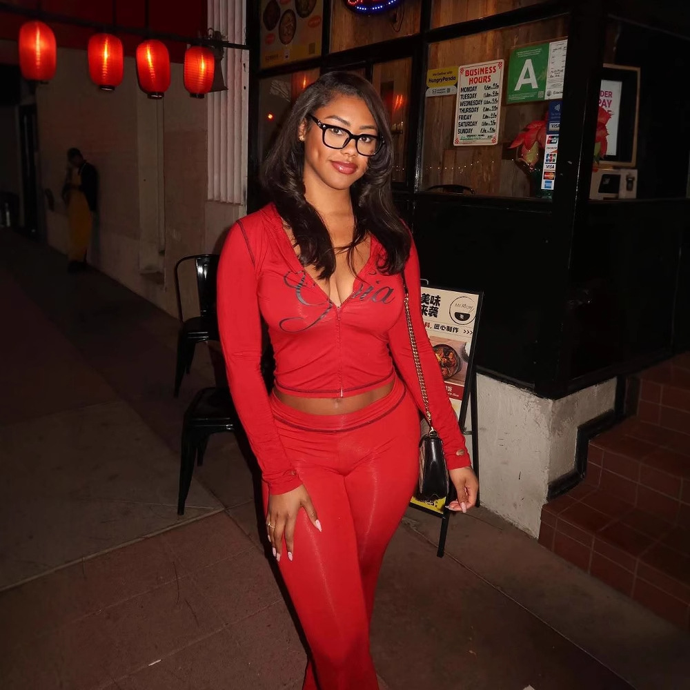 Women's Fashion Solid Color Sexy Zipper V-neck Long-sleeve Two-piece Pants Set