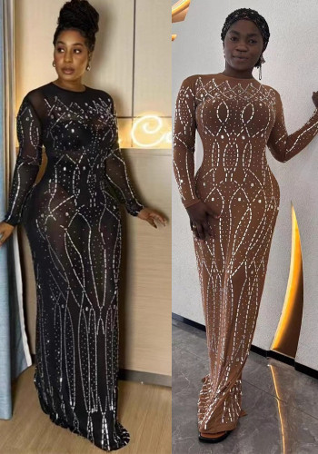 Women's See-Through Tight Fitting Long-sleeve Round Neck Beaded Mesh Dress