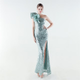 Women's One-shoulder Sequin Mermaid High Slit Evening Gown