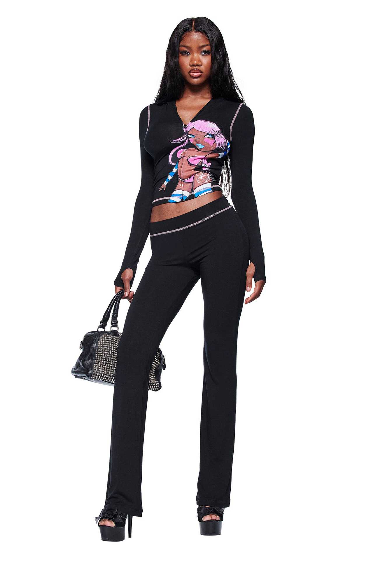 Women's Autumn Cute Printed Hooded Zipper Low-waist Casual Pants/shorts Set