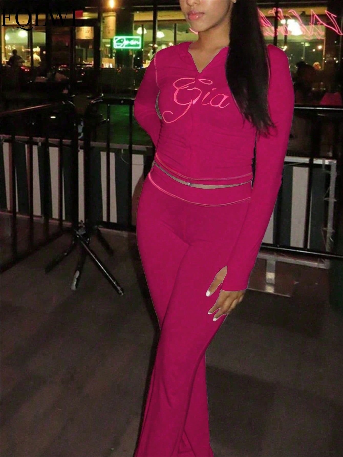 Women's Fashion Solid Color Sexy Zipper V-neck Long-sleeve Two-piece Pants Set