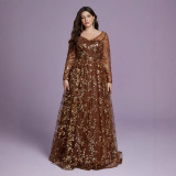 Women's Plus Size Cocktail Party V-neck Long-sleeve A-line Evening Dress