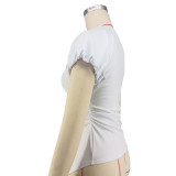 Women's Solid Color Round Neck Peplum Sleeves Asymmetrical Hem Blouse
