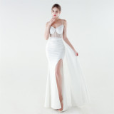 Women's Beaded Slim Waist Strap Lace-up Slim Fit Evening Dress