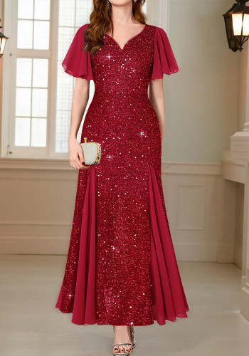 Women's Spring/Autumn V-neck Sequin Patchwork Flounce Short Sleeve Long Evening Dress