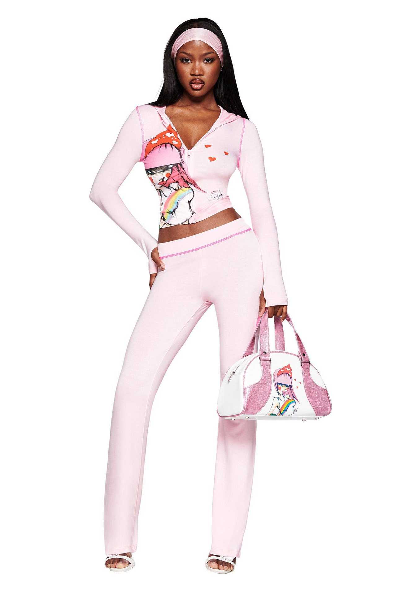 Women's Autumn Cute Printed Hooded Zipper Low-waist Casual Pants/shorts Set