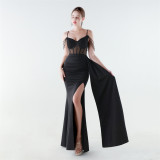 Women's Beaded Slim Waist Strap Lace-up Slim Fit Evening Dress